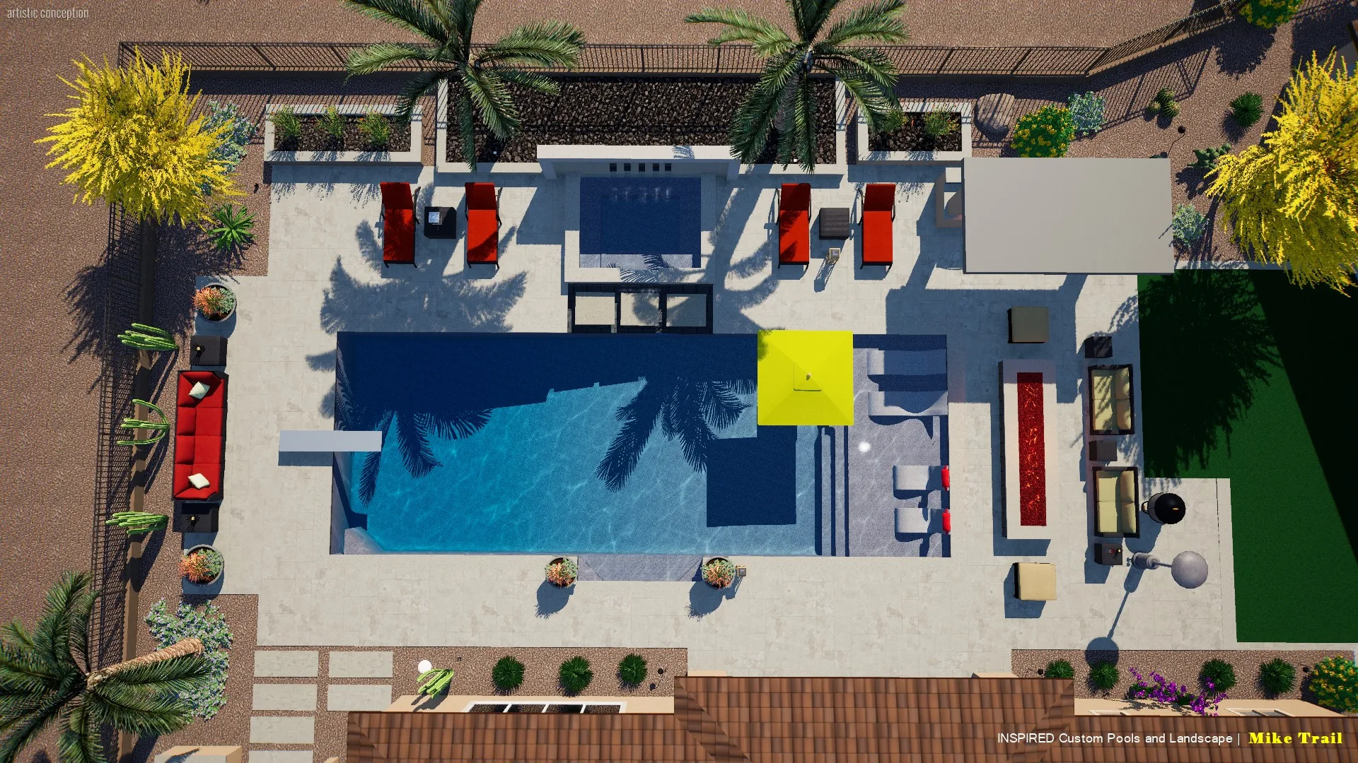3D design, plan view of a backyard with a pool, lounge seating and turf